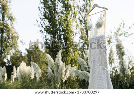 white wedding dress suspended outside next to the vegetation