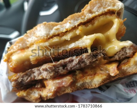 Closeup picture of a large burger.