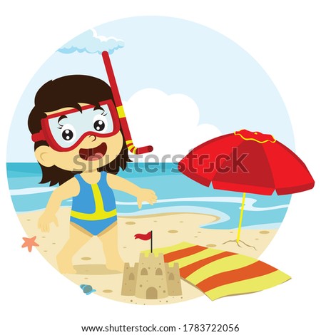 vector illustration of girl wearing swimsuit playing on the beach, summer vacation activity
