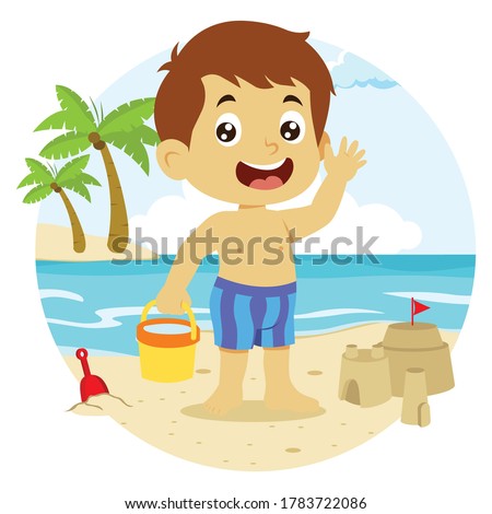 vector illustration of boy waving hand playing on the beach, summer vacation activity