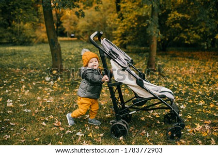 Funny picture of alittle boy riding a pram in the park in the fall and have a lot of fun.