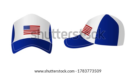 Vector flat illustration of a blue and white baseball cap with the flag of America. Isolated. Clip art.
