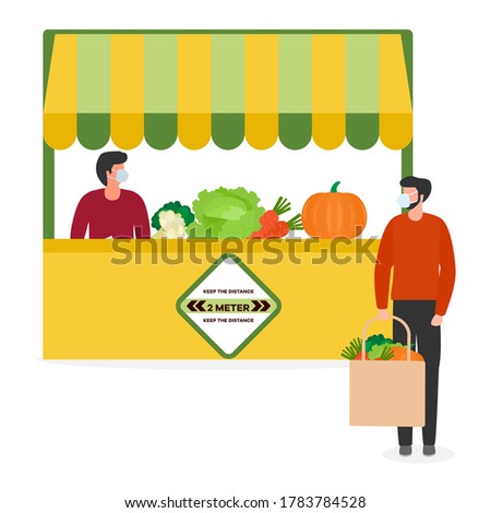 People Social distancing. Market Selling vegetables.  Social distance, new normal concept and with physical distancing.  New behavior after COVID-19 coronavirus pandemic. Vector illustration
