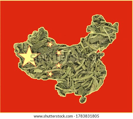 Map of China on a background of white tea from Beijing. Background for greeting cards on holidays. The day of formation of China. The founding day of the Chinese Communist Party.