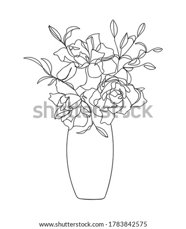 Bouquet flowers in vase black lines isolated on white background. - Vector illustration