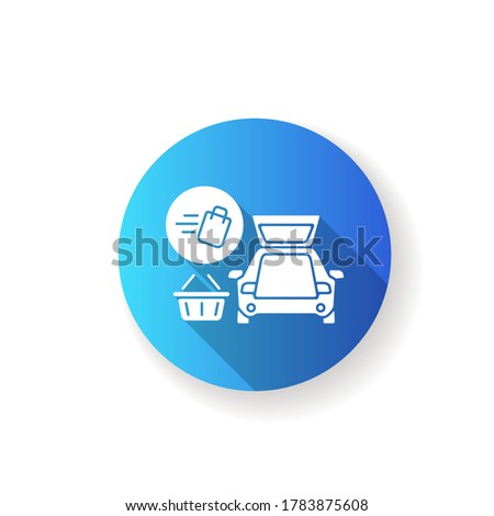 Curbside pickup flat design long shadow glyph icon. Food delivery. Delivering groceries by automobile. Online supermarket products courier service. Silhouette RGB color illustration