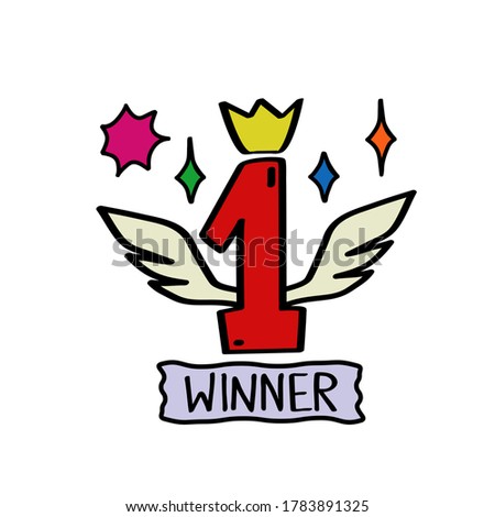 Winner win wings number one 1 crown sparkles logo icon Hand drawn Doodle cartoon design style Lettering Fashion print clothes apparel greeting invitation card badge banner poster flyer book website