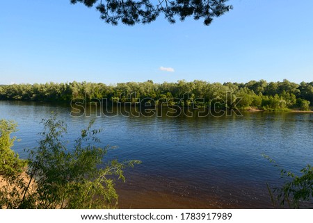 Summer landscape with a river and banks with a forest