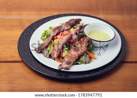 Traditional mexican gourmet food. Gourmet mexican food. Exotic mexican food. Mexican meat salad.