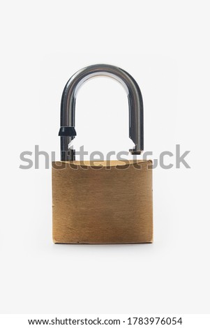 open metal padlock on white surface, front view