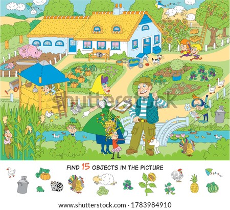 Kindergarten. Excursion to the farm. Cheerful vector illustration. Find 15 objects in the picture. Puzzles, hidden objects Royalty-Free Stock Photo #1783984910
