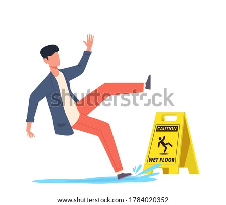 Wet floor. Falling man slips in water, slipping and downfall, injured unbalanced character, personal injury, dangerous dropping, caution danger yellow sign cartoon vector concept Royalty-Free Stock Photo #1784020352