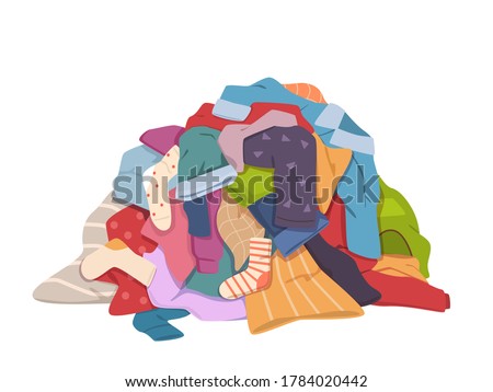 Dirty clothes pile. Messy laundry heap with stains, different soiled smelly apparel, soiled fabric old shorts, t-shirts and socks on floor. Laundry vector isolated colorful concept Royalty-Free Stock Photo #1784020442