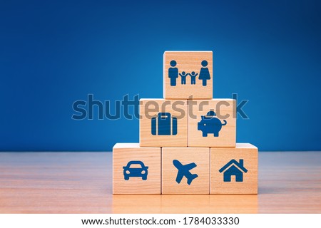 Insurance concept. Assurance and insurance: car, real estate and property, travel, finances, health, family and life. Royalty-Free Stock Photo #1784033330