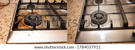 Dirty gas stove stained while cooking, a stove in grease. Unsanitary conditions, a mess in the house. 
Collage before and after cleaning from dirt. Royalty-Free Stock Photo #1784037911