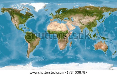 World map with texture in global satellite photo, Earth view from space. Detailed flat map of continents and oceans, panorama of planet surface. Elements of this image furnished by NASA. Royalty-Free Stock Photo #1784038787
