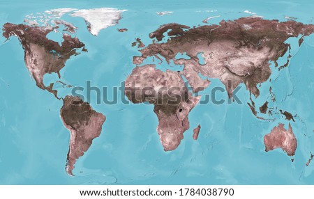 World map in satellite picture, flat projection of globe, planisphere. Oceans and detailed continents of Africa, America on physical map, Earth view from space. Elements of image furnished by NASA.