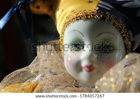 harlequin clown yellow blue vintage toy