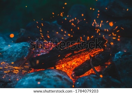 Vivid smoldered firewoods burned in fire closeup. Atmospheric background with orange flame of campfire. Wonderful full frame image of bonfire with glowing embers in air. Warm logs, bright sparks bokeh Royalty-Free Stock Photo #1784079203
