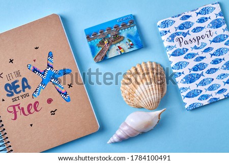 Flat lat Maldives resort vacation concept. Let the sea set you free. Isolated on blue background.