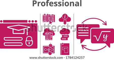 professional icon set included cloud, cloud library, homework, book, information, enter, login icons and filled styles.