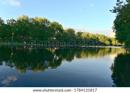 reflections of trees and clouds on lake water, La Fontaine Park, Montreal, QC, Canada.  Summer, Spring, outdoors, hope, inspiration, thankfulness concepts. 