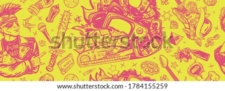 Punk rock music. Protest concept. Seamless pattern. Punker with mohawk hairstyle, audio type, bulldozer. Electric guitar. Anarchy. Consumer society. Street culture musical art. Hooligans lifestyle