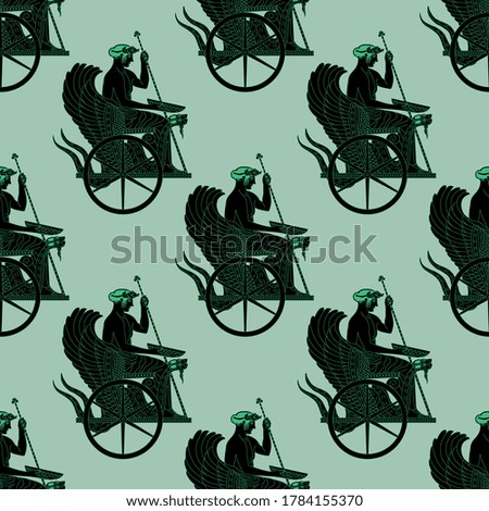 Seamless monochrome pattern with ancient Greek motifs. Silhouette of hero Triptolemus sitting in a winged dragon snake chariot.
