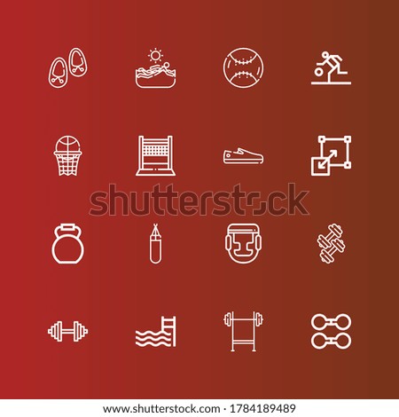 Editable 16 athletic icons for web and mobile. Set of athletic included icons line Dumbbell, Bench press, Swimming pool, Boxing, Punching bag, Kettlebell, Stretching, Shoes on red