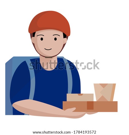 The delivery man wear helmet and holding food paper package in hands.