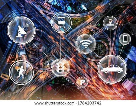 Smart transport technology concept for future car traffic on road . Virtual intelligent system makes digital information analysis to connect data of vehicle on city street . Futuristic innovation . Royalty-Free Stock Photo #1784203742