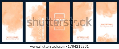 Bundle of watercolor posters, flyers or cards. Banner template with painted background in orange color. Vector illustration. Set of light aquarelle for business card. Floating frame, free copy space.