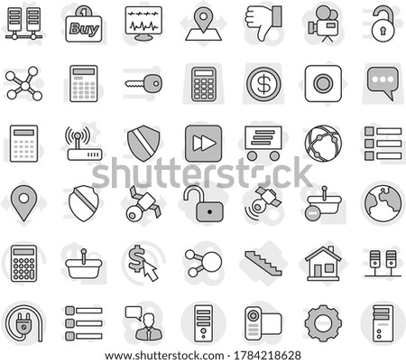 Editable thin line isolated vector icon set - unlock, delivery, earth, home, ring button, stairs, server vector, router, calculator, dollar cursor, map pin, satellite, message, satellitie, forward