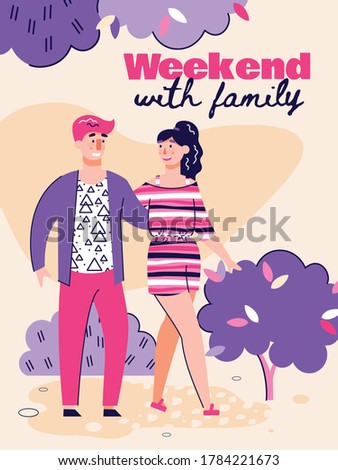 Happy couple walking in park together - cartoon poster with young family of man and woman smiling at each other while taking a walk in summer nature. Vector illustration.