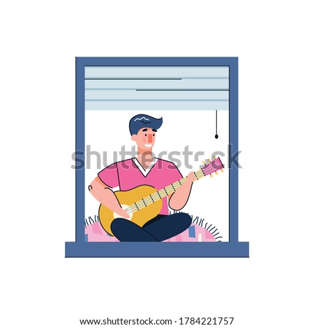 The guy plays the guitar and sings songs. A man learns to play the guitar in his free time. Home education or hobby. Social advertising: stay at home in quarantine. Flat colorful line illustration