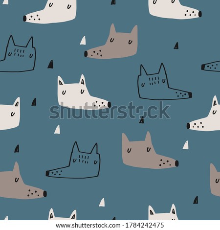 Baby seamless vector pattern. Wild wolves. Creative scandinavian kids pattern for fabric, textile, wallpaper, apparel. Vector illustration in brown and blue colours.