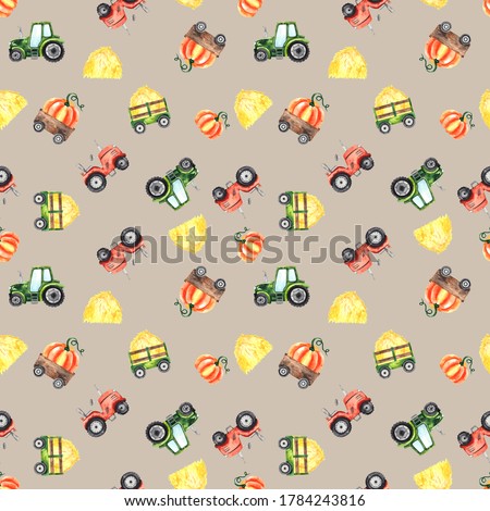 Watercolor hand painted autumn harvest seamless pattern with bright autumn pumpkins, tractors, trailer, wheelbarrow, haystack, bags.