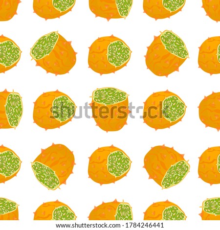 Illustration on theme big colored seamless kiwano, bright fruit pattern for seal. Fruit pattern consisting of beautiful seamless repeat kiwano. Simple colorful pattern fruit from seamless soft kiwano.