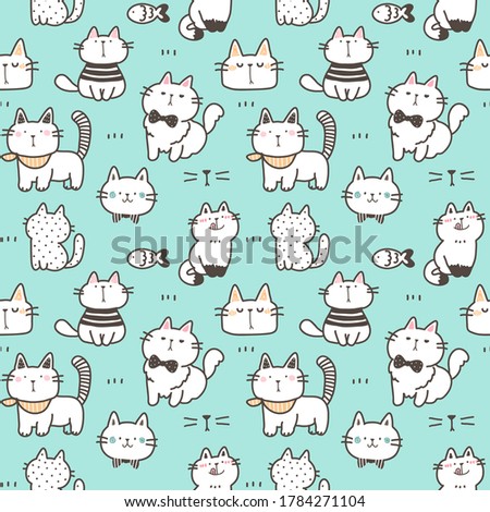 Seamless Pattern with Cartoon Cat Illustration Design on Green Background