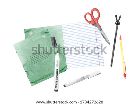 Back to School Education concept with notebook and school supplies on white background. Top down composition. Hand drawn illustration. Great holiday gift card