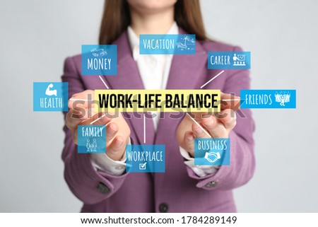 Woman demonstrating Work-life balance concept on light background, closeup