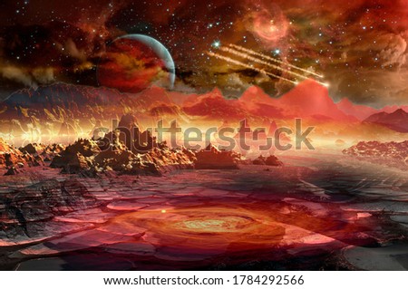 Spaceship in space above the red planet in distant solar system. Elements of this image furnished by NASA.