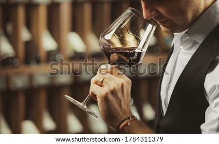 Male sommelier tasting red wine at cellar. Royalty-Free Stock Photo #1784311379