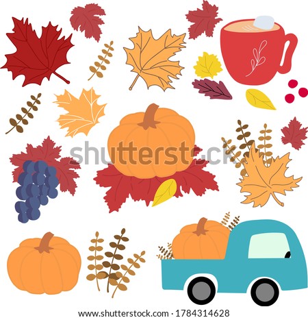 Aytumn, harvest clipart set. Yellow maple, red maple leaves, grape, pumpkin, farm truck, branches, cup with latte and marshmallow. Cozy autumn, thanksgiving clip art,vector isolated handdrawn elements