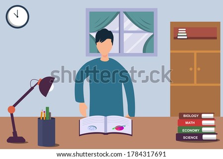 Education vector concept: portrait of teen boy studying astronomy and other science books