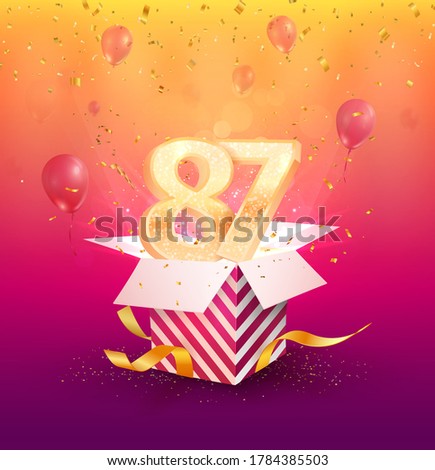87th years anniversary vector design element. Isolated eighty-seven years jubilee with gift box, balloons and confetti on a colorful background.