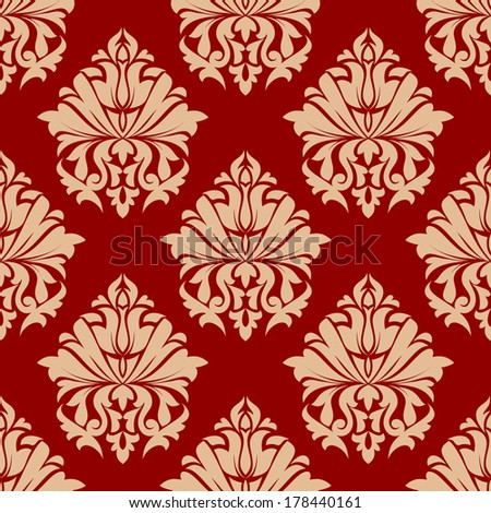 Retro damask style arabesque seamless pattern with repeat floral motifs on a red background, vector illustration