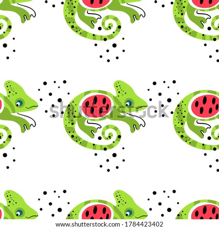 Background with chameleon lizard and watermelon slice. Tropical jungle vector seamless pattern. Colorful illustration made in funny doodle cartoon 
style.