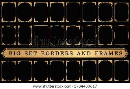 Set of Decorative vintage frames and borders on Black bacground, Gold photo frame with corner Thailand line floral for picture, Vector design decoration pattern style