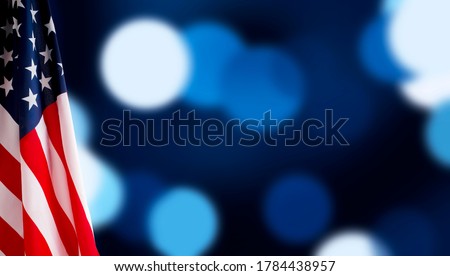 American flag for Memorial Day, 4th of July or Labour Day, blue background, panorama, copy space